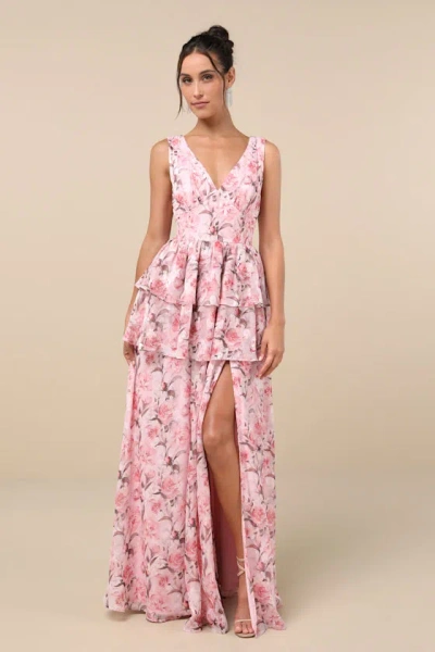 Lulus Graceful Approach Blush Pink Floral Jacquard Tiered Maxi Dress