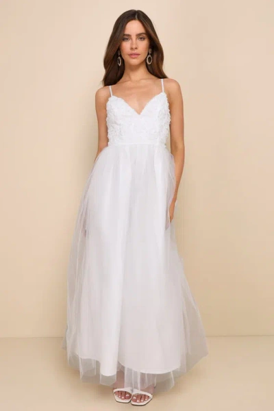 Lulus Graceful Beauty White 3d Floral Tulle Sleeveless Maxi Dress