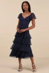 Lulus Graceful Darling Navy Lace Flutter Sleeve Tiered Midi Dress In Navy
