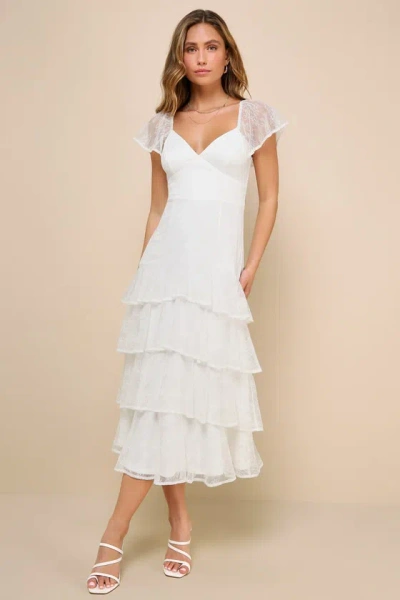 Lulus Graceful Darling White Lace Flutter Sleeve Tiered Midi Dress