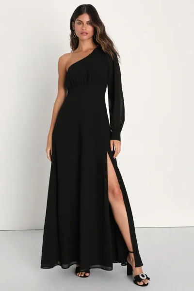Lulus Graceful Elegance Black One-shoulder Long Sleeve Maxi Dress