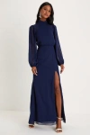 Lulus Graceful Entrance Navy Blue Long Sleeve Backless Maxi Dress In Navy Blue