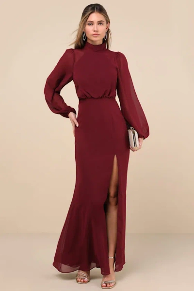 Lulus Graceful Entrance Plum Purple Long Sleeve Backless Maxi Dress