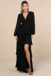 Lulus Graceful Finesse Black Pleated Long Sleeve Maxi Dress In Black