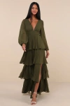 Lulus Graceful Finesse Olive Green Pleated Long Sleeve Maxi Dress In Olive Green