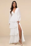 Lulus Graceful Finesse White Pleated Long Sleeve Maxi Dress In White