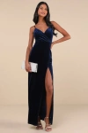 Lulus Graceful Glamour Navy Blue Velvet Surplice Maxi Dress In Navy Blue