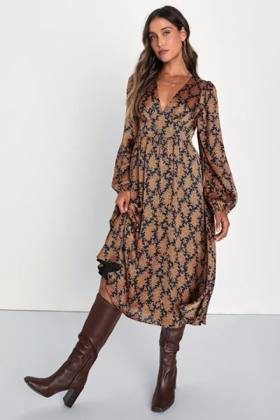 Lulus Graceful Impression Black And Orange Floral Print Midi Dress