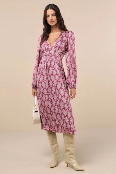Lulus Graceful Impression Purple And Pink Floral Print Midi Dress