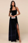 Lulus Graceful Invite Navy Blue Velvet Square Neck Lace-up Maxi Dress In Navy Blue