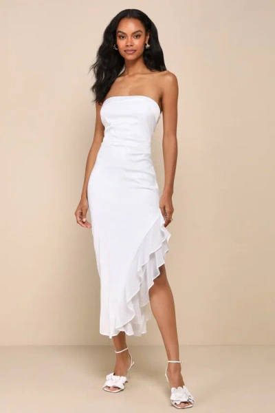 Lulus Graceful Perfection White Satin Ruffled Strapless Midi Dress