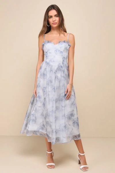 Lulus Graceful Simplicity Blue Floral Print Bustier Midi Dress
