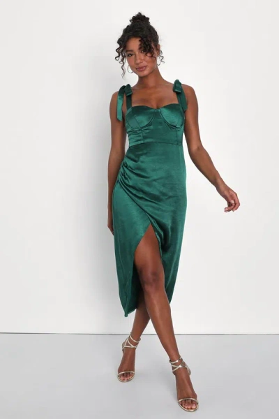 Lulus Graceful Sophistication Emerald Green Satin Tie-strap Midi Dress