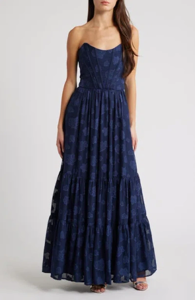 Lulus Gracefully Elegant Embroidered Corset Gown In Navy Blue