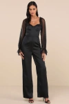 Lulus Gracefully Modern Black Satin Mesh Long Sleeve Bustier Jumpsuit In Black