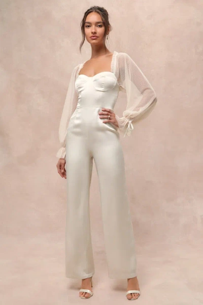 Lulus Gracefully Modern Ivory Satin Mesh Long Sleeve Bustier Jumpsuit