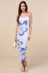 Lulus Graciela Periwinkle Floral Mesh Bodycon Midi Dress In Blue