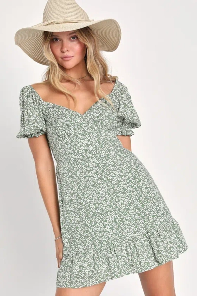 Lulus Grateful Feelings Sage Green Floral Print Puff Sleeve Mini Dress