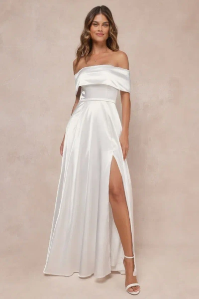 Lulus Greatest Hits White Satin Off-the-shoulder Maxi Dress