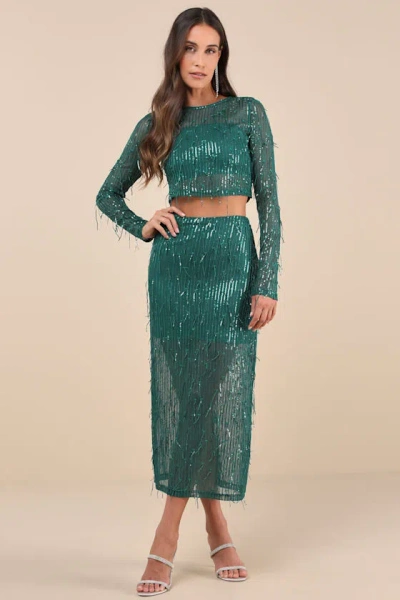 Lulus Greatest Sparkle Green Mesh Sequin Fringe Two-piece Midi Dress