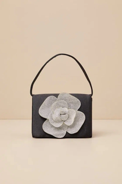Lulus Gwenda Black Satin Rhinestone Flower Mini Handbag