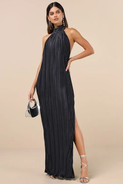 Lulus Gwenny Dark Navy Satin Plisse Maxi Dress