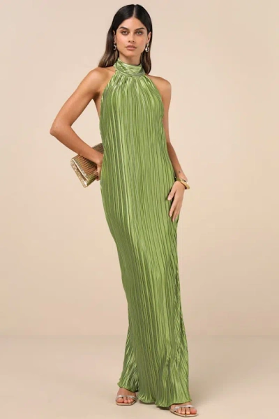 Lulus Gwenny Lime Green Satin Plisse Maxi Dress