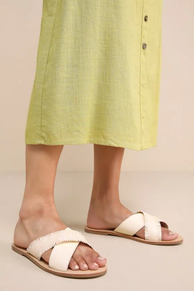 Lulus Haliea Bone Raffia Flat Slide Sandals In White