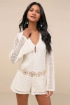 Lulus Halima Cream Crochet Floral Belted Bell Sleeve Romper In White