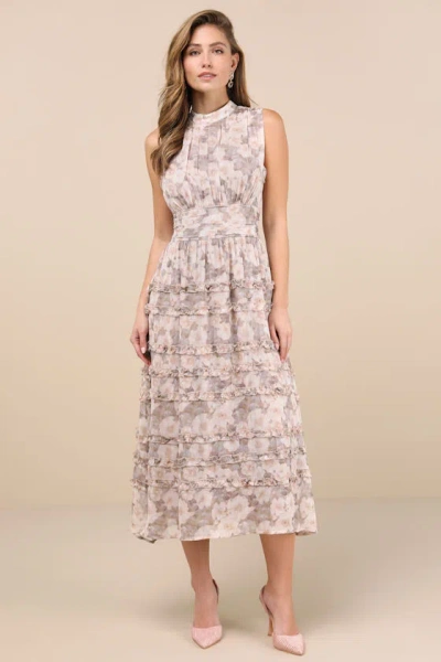 Lulus Happily Sweet Beige Floral Mock Neck Backless Midi Dress