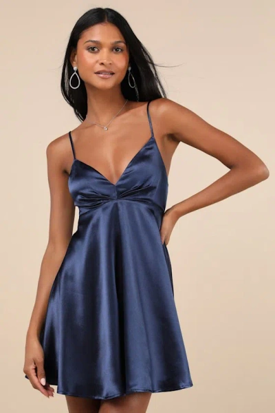 Lulus Happily Yours Navy Blue Satin Skater Mini Dress