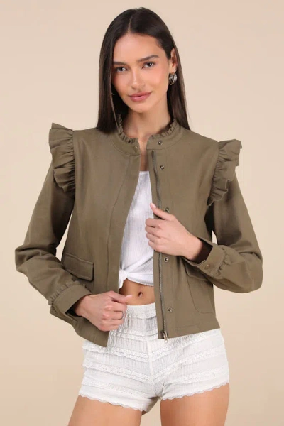 Lulus Harmen Olive Green Ruffled Utility Jacket