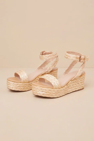Lulus Haruna Natural Straw Woven Ankle Strap Platform Wedge Sandals In Beige