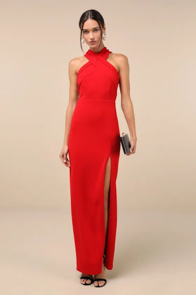 Lulus Head To Cocktail Hour Red Halter Neck Maxi Dress