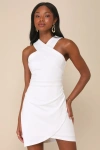 Lulus Headed To Cocktail Hour White Halter Tulip Mini Dress In White