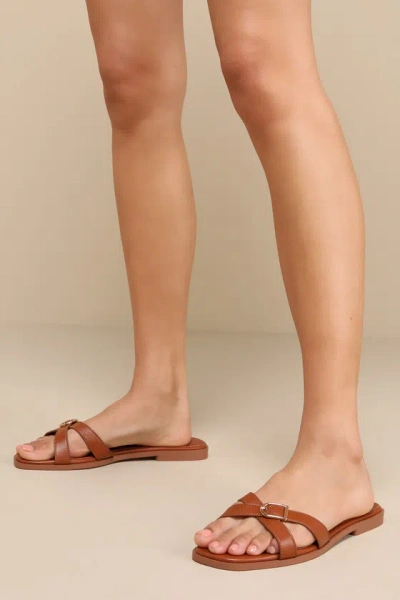 Lulus Heath Chestnut Buckle Slide Sandals In Brown