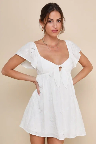 Lulus Heavenly Cutie White Embroidered Tie-back Mini Dress