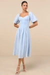 Lulus Heavenly Energy Blue Textured Puff Sleeve Pleated Midi Dress In Blue