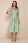 Lulus Heavenly Energy Sage Textured Puff Sleeve Pleated Midi Dress In Green
