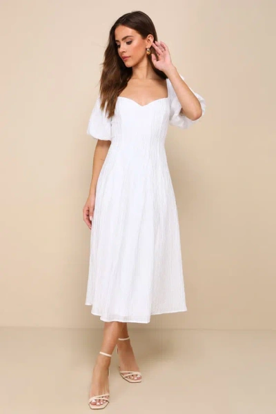 Lulus Heavenly Energy White Textured Puff Sleeve Pleated Midi Dress