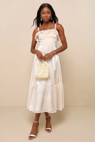 Lulus Heavenly Essence Cream Organza Tiered Ruffled Midi Dress In White