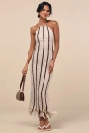 Lulus Hedia Beige Striped Crochet Halter Fringe Midi Dress In Beige