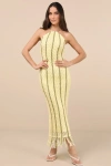 Lulus Hedia Yellow Striped Crochet Halter Fringe Midi Dress In Yellow