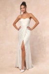 Lulus Heidy White Satin Beaded Strapless Maxi Dress In White