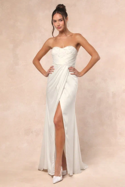 Lulus Heidy White Satin Beaded Strapless Maxi Dress