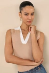 Lulus Henriette Beige And White Collared Sweater Top In Beige And White