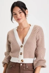 Lulus Here Comes A Holiday Brown And White Striped Button-up Cardigan In White