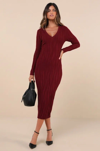 Lulus High Appeal Burgundy Textured V-neck Midi Sweater Dress
