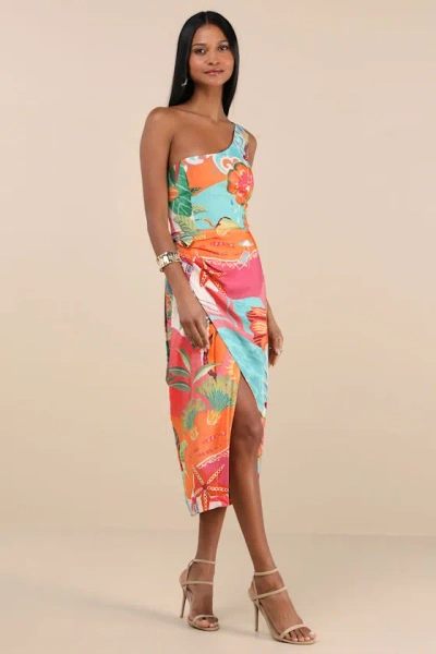 Lulus Hilinai Blue Multi Tropical Print Wrap Midi Dress
