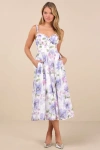 Lulus Hillela Ivory Floral Ruffled Lace-up Midi Skater Dress In Ivory